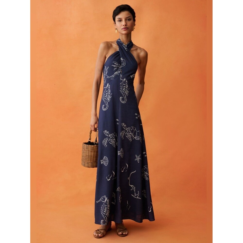 Few Moda Oceana Navy Sea Life Halter Maxi Dress Linen Blend NWT Size 6